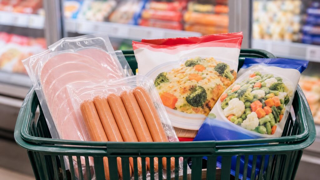 買い物かごに入ったハム、ソーセージ、冷凍食品