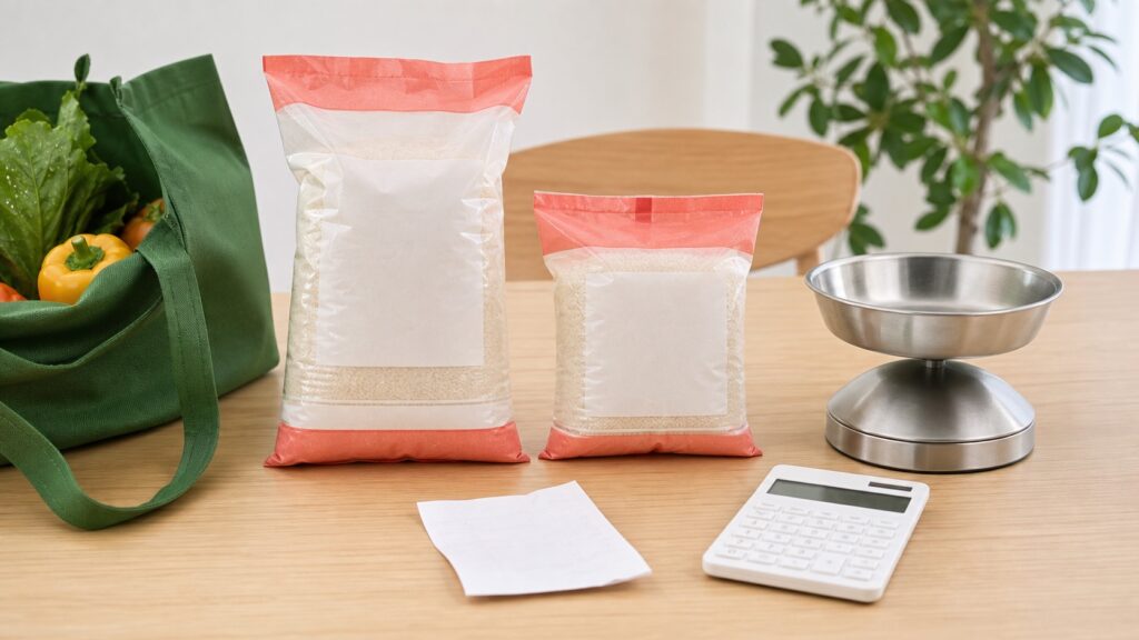 大きさの違う食品パック、はかり、電卓を使った価格比較