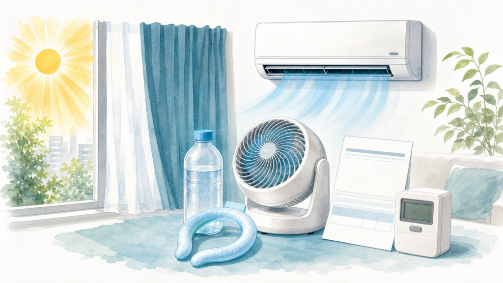 強い日差しの部屋で、エアコンや扇風機、冷却グッズと電気代を見直すイメージ