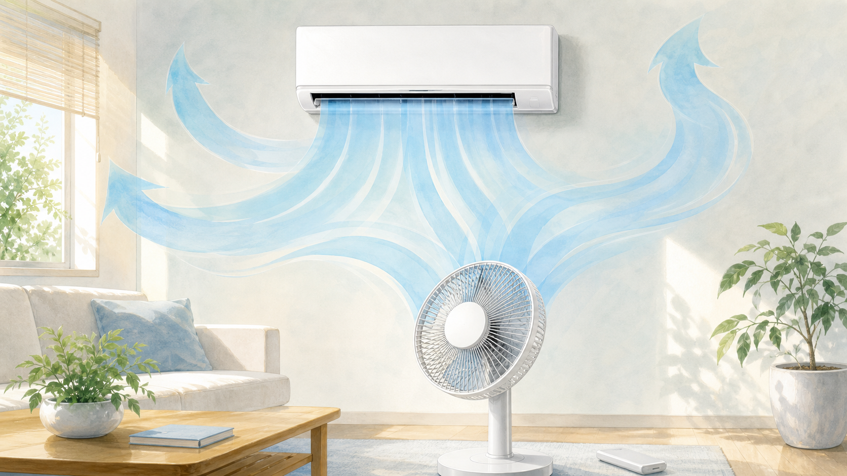 エアコンと扇風機を使って室内の空気を循環させるイメージ