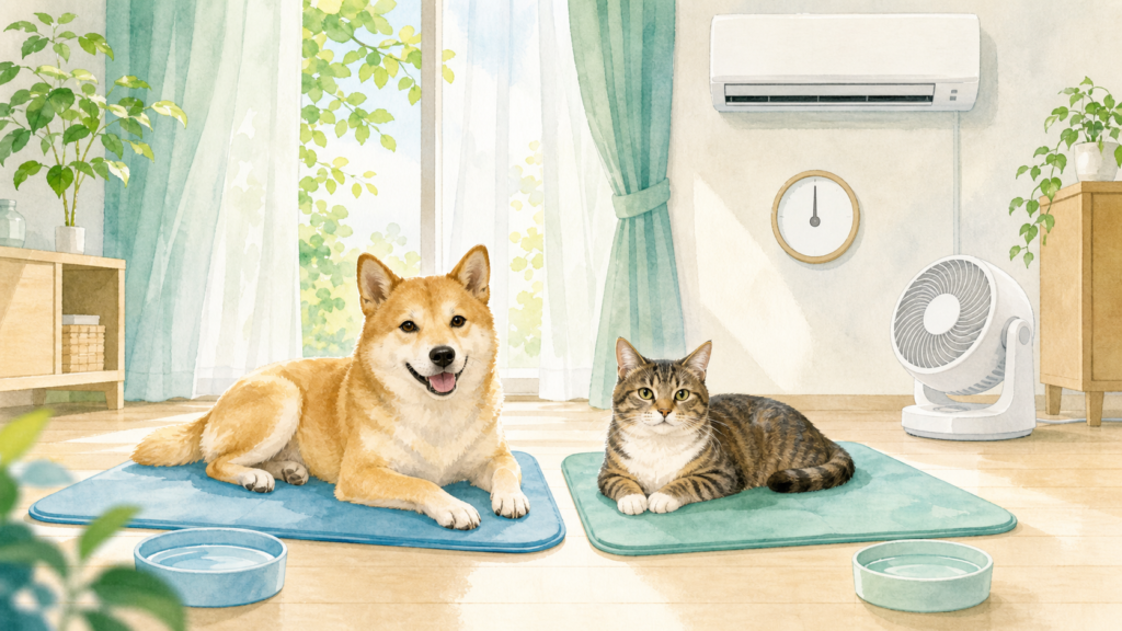 冷感マットで休む犬と猫、水皿、エアコンを確認するイメージ