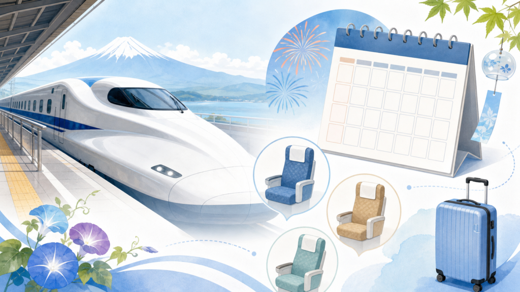 お盆旅行前に新幹線の空席と日程を確認するイメージ
