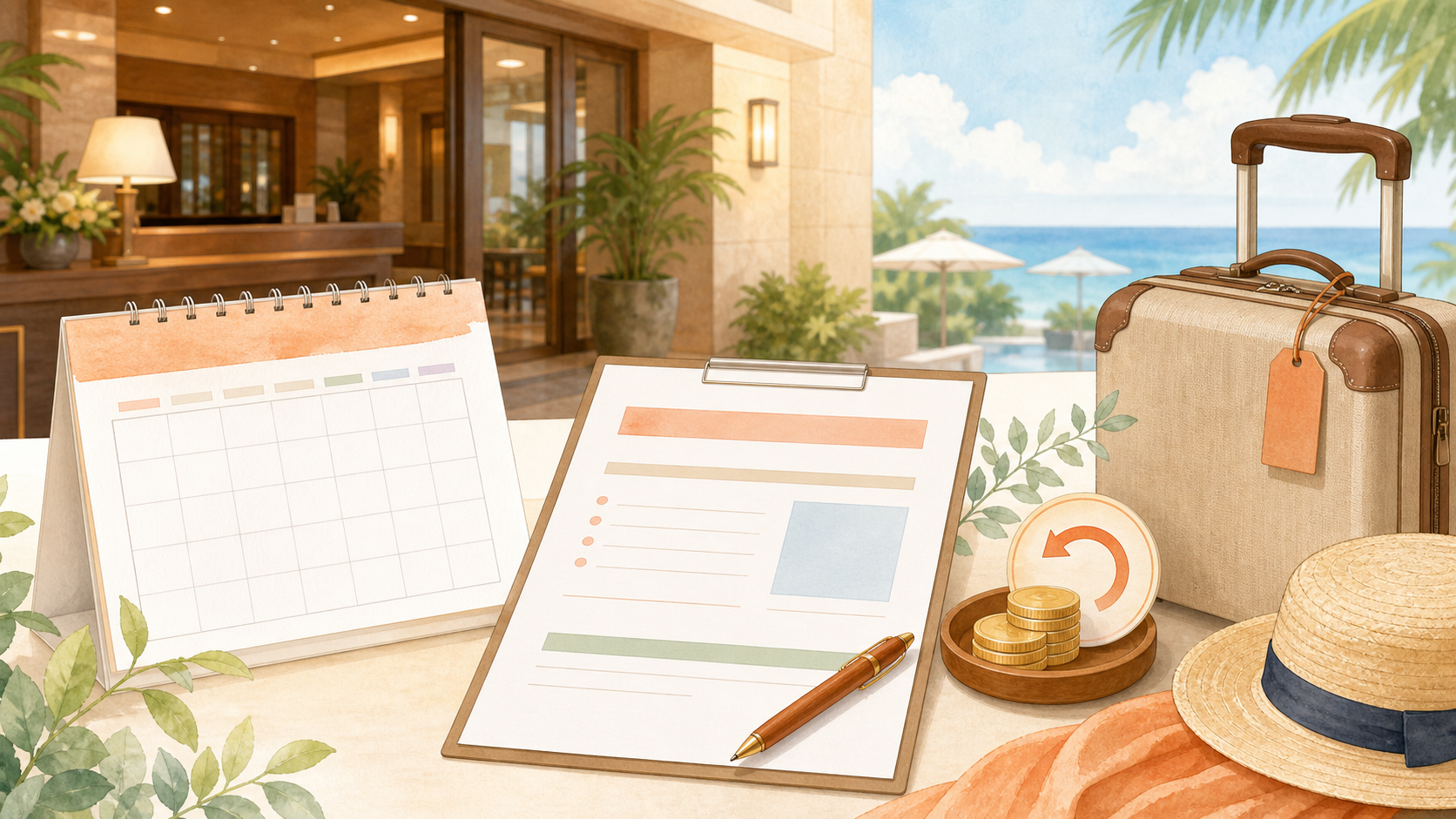 夏休みのホテル予約前にキャンセル条件を確認するイメージ