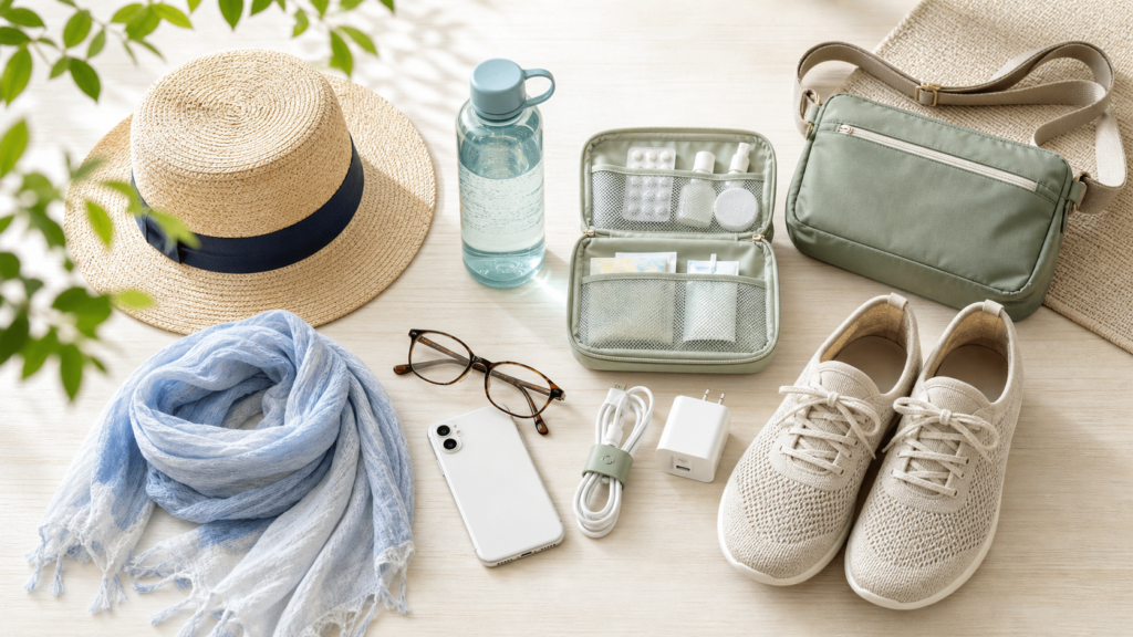 50代60代の夏旅行に必要な持ち物を準備するイメージ