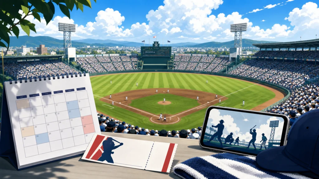 夏の甲子園を前に球場と日程やチケットを確認するイメージ