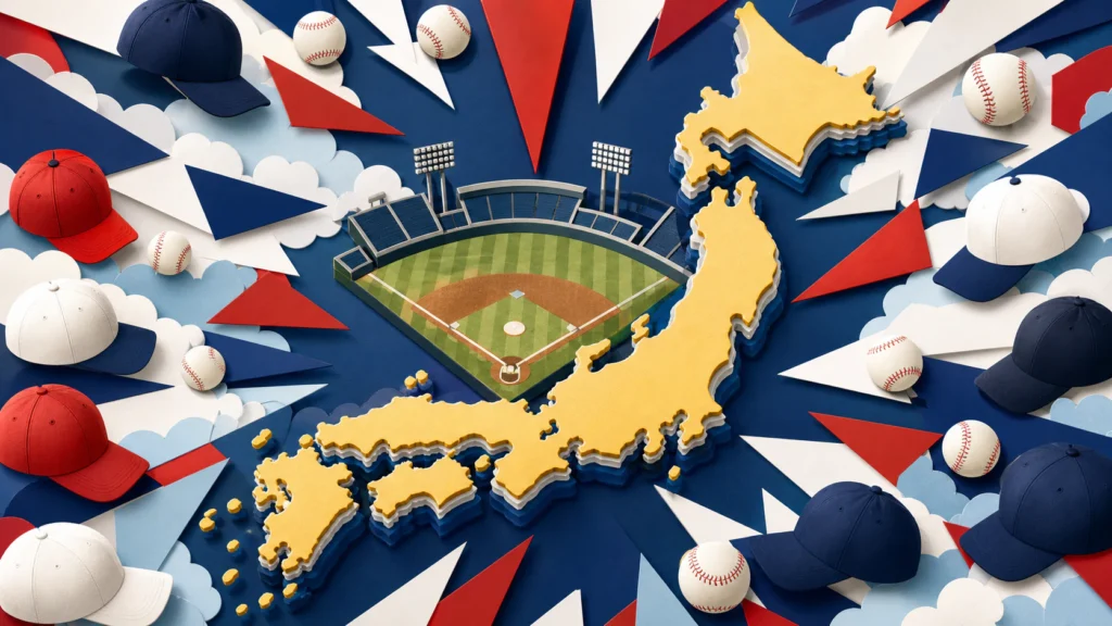 全国の代表校を日本地図と野球道具で確認するイメージ