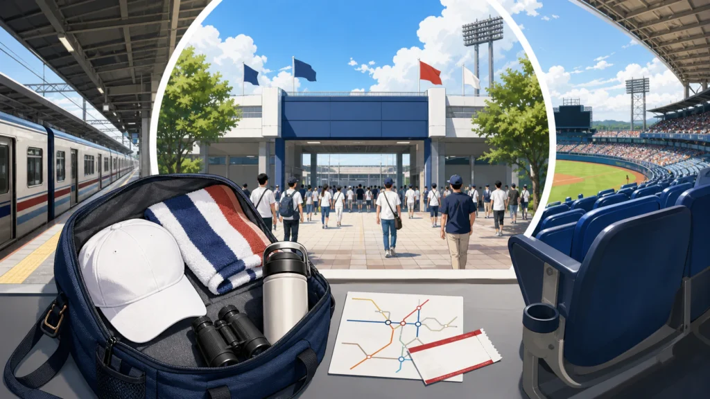 甲子園へ行く前に電車と観戦用品を確認するイメージ