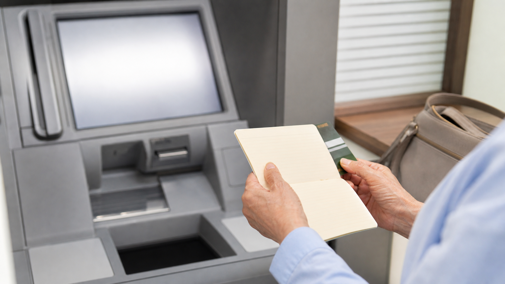 銀行ATMの前で通帳を開いて年金振込を確認するイメージ