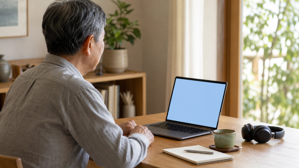 自宅の机でノートパソコンを使いオンライン講習を準備する場面