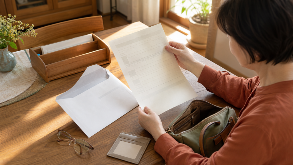 郵送された資格確認書の内容と受診時の持ち物を確認するイメージ