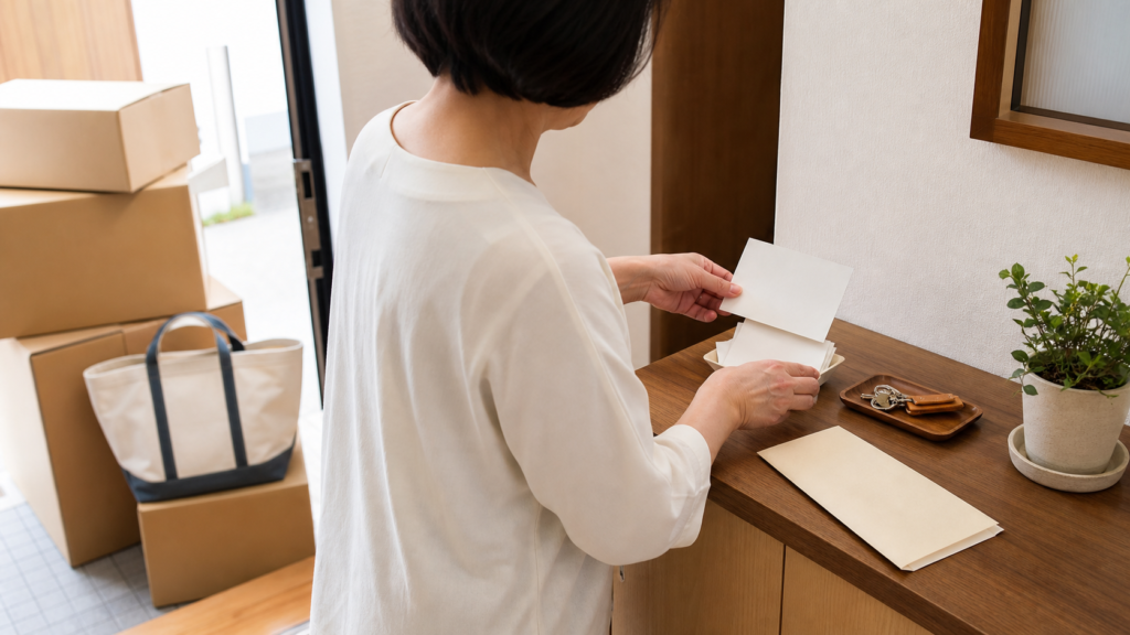 引っ越し後の玄関で封筒とカードを確認する場面