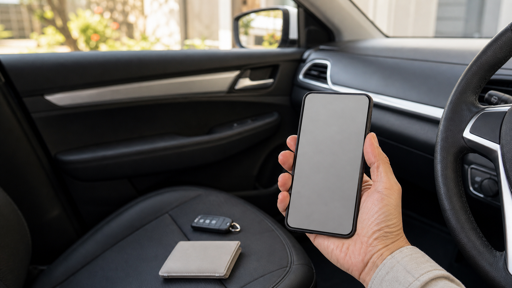 停車中の車内でスマートフォンとカードケースを確認する場面