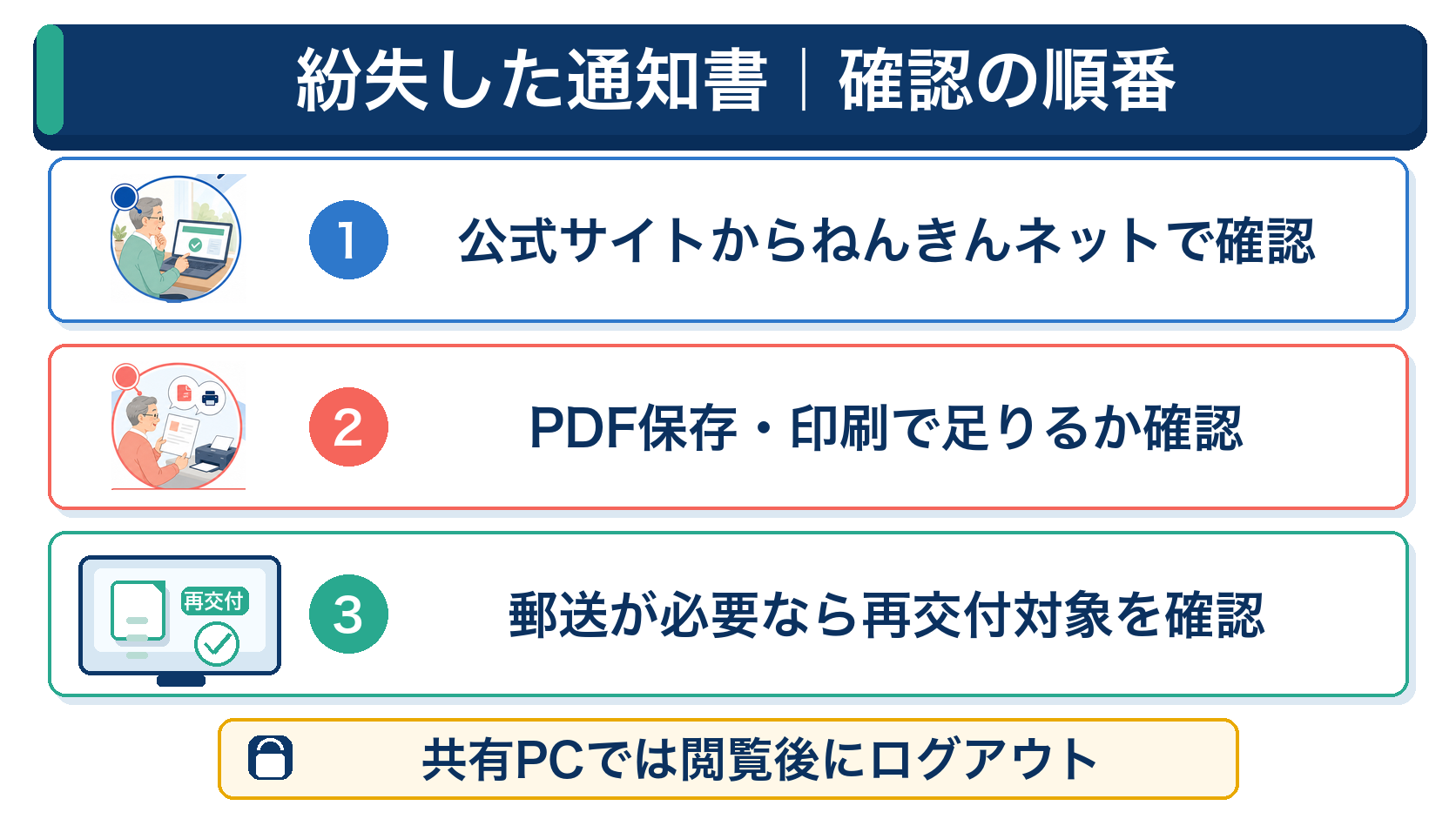 通知書をオンラインで確認し、PDF保存・印刷後、必要なら再交付する順番を示す図
